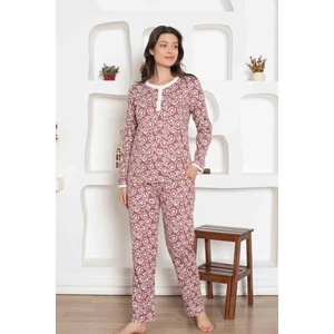 Kadın Çiçek Desen Bisiklet Yaka 3 Düğmeli  Pamuk Penye Ince Yazlık Uzun Kol Pijama Takımı