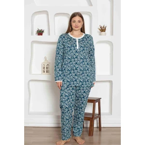 Kadın Çiçek Desen Bisiklet Yaka 3 Düğmeli Pamuk Penye Ince Yazlık Uzun Kol Pijama Takımı