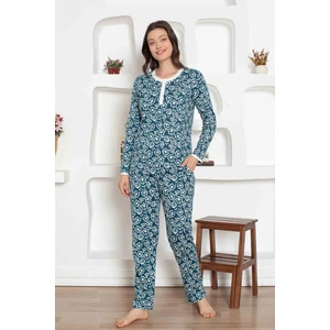 Kadın Çiçek Desen Bisiklet Yaka 3 Düğmeli Pamuk Penye Ince Yazlık Uzun Kol Pijama Takımı
