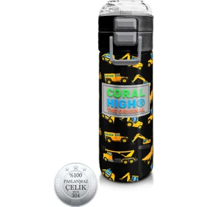 Coral High Kids Siyah Sarı Iş Makinesi Desenli Pipetli ve Direkt Içim Çelik Termos 500 ml 31920