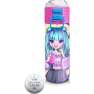 Coral High Kids Mor Pembe Anime Kız Desenli Pipetli ve Direkt Içim Çelik Termos 500 ml 31942