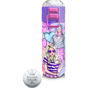 Coral High Kids Pembe Mor Fashion Girl Desenli Pipetli ve Direkt Içim Çelik Termos 500 ml 31956
