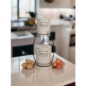 2 Katlı Kulplu Patates Soğanlık Metal Patates Soğan Kovası Sebzelik Sepeti Beyaz