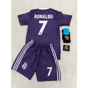 Real Madrid Ronaldo Mor 2017 Cardiff Takım Çocuk Alt-Üst Takım T-Shrt +Şort+Çorap+Bileklik