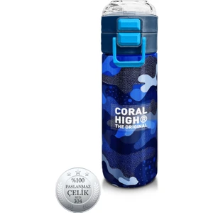Coral High Kids Lacivert Saks Kamuflaj Desenli Pipetli ve Direkt Içim Çelik Termos 500 ml 31889