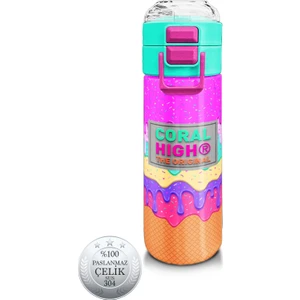 Coral High Kids Pembe Rengarenk Dondurma Desenli Pipetli ve Direkt Içim Çelik Termos 500 ml 31938