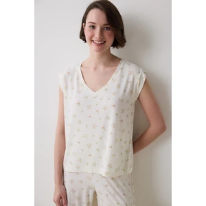 Bloom Printed Ekru Tişört Pijama Üstü