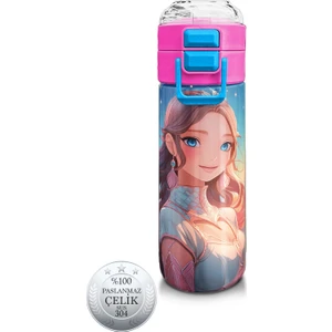 Coral High Kids Turkuaz Pembe Anime Kız Desenli Pipetli ve Direkt Içim Çelik Termos 500 ml 31858