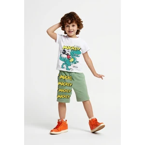 Trend Bebe Butik Mickey Mouse Erkek Çocuk Şortlu Takım Yazlık Pamuklu T-Shirt ve Şort 2'li Set Kısa Kollu Spor Günlük Ev Giyim