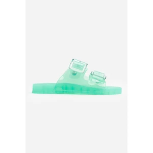 Nişantaşı Shoes Marlowe Şeffaf Su Yeşili Çift Toka Detay Düz Taban Kadın Terlik