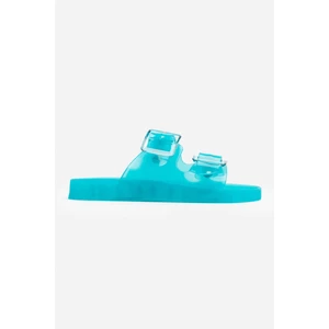 Nişantaşı Shoes Marlowe Şeffaf Turkuaz Çift Toka Detay Düz Taban Kadın Terlik