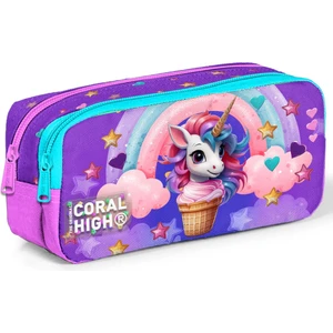 Coral High Mor Pembe Unicorn Dondurma Desenli İki Bölmeli Kalem Çantası 12095