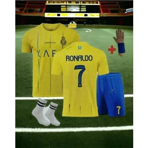 All Nassr Ronaldo Iç Saha Sarı Takım Çocuk Alt-Üst Takım T-Shrt +Şort+Çorap+Bileklik