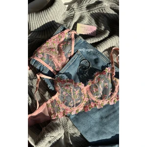 Merlif Lingerie Çıtır Pembe Desen Çiçekli Fantazii Seksii Iç Çamaşır Takımı Kadın Bralette Balenli Sütyen & Tanga String