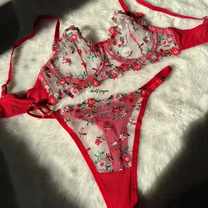 Merlif Lingerie Kırmızı Çıtır Desen Çiçekli Iç Çamaşır Takımı Kadın Bralette Balenli Sütyen & Tanga String