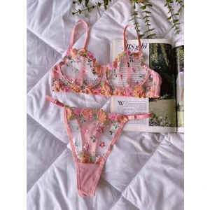 Merlif Lingerie Pembe Barbie Çiçek Desenli Balenli Fantazii Seksii Brode Sütyen & Tanga String Iç Çamaşır Takım