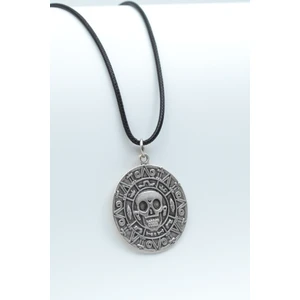 Aztec Karayip Korsanları Madalyon Gümüş Kaplama Deri İp Kolye