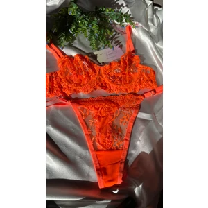 Merlif Lingerie Neon Turuncu Dantelli Brode Iç Çamaşır Takımı Bralette (Balenli Sütyen &tanga)