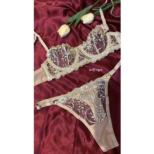 Merlif Lingerie Nude Bej Ten Rengi Dantelli Brode Fantazii Seksii Iç Çamaşır Takımı Bralette (Balenli Sütyen &tanga)