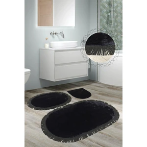 Bonny Home Shareton Oval Siyah 3'lü Burgu Saçaklı Banyo Paspası Seti Püsküllü Klozet Takımı