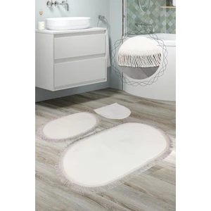 Bonny Home Shareton Oval Krem 3'lü Burgu Saçaklı Banyo Paspası Seti Püsküllü Klozet Takımı