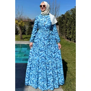 Rabia Şamlı Su Desenli Elbise Mavi