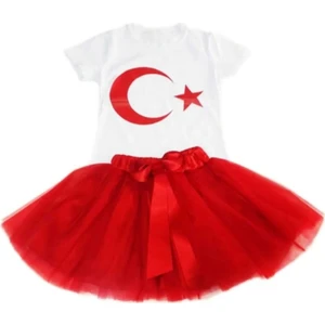 Kız Çocuk 23 Nisan 29 Ekim Gösteri Kıyafeti Desenli Kısa Kol Beyaz T-Shırt Tütü Etek Takım