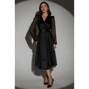 Dipmoda kadın kemerli kruvaze yaka simli gece elbisesi DPMY3590