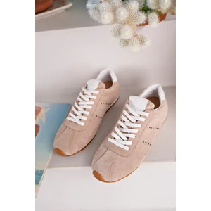 Sy Leather Lizbon Model Hakiki Deri Bej Süet Bağcıklı Günlük Kadın Sneakers