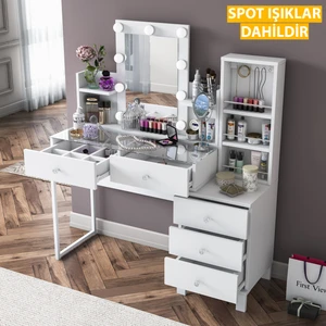 BJ153 Hollywood Işıklı Aynalı Kulis Makyaj Masası Cam Tablalı 5 Çekmeceli Takı Düzenleyici Beyaz