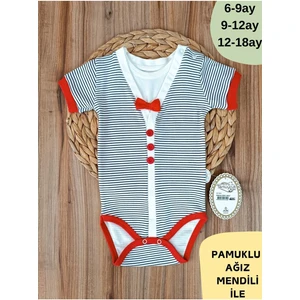 Erkek Bebek Body Çizgili Papyonlu Çıtçıtlı Kısa Kollu Şık Bebek Zıbın Yazlık  Pamuklu