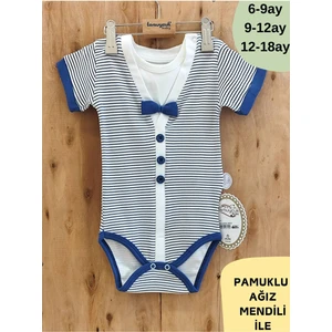 Erkek Bebek Body Çizgili Papyonlu Çıtçıtlı Kısa Kollu Şık Bebek Zıbın Yazlık  Pamuklu