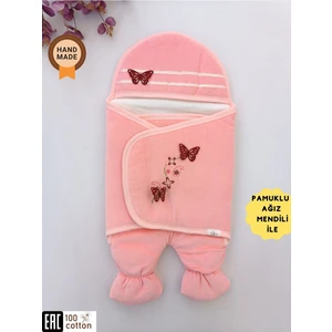 Kadife Kelebekli Kız Bebek Ayaklı Kundak Pembe