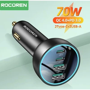 70W Type-C ve Usb Girişli 4 Port Ultra Hızlı CE+Rohs Lisanslı Pd Hızlı Araç içi Şarj Cihazı Çakmaklık Adaptörü