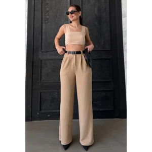  Bej Çift Pileli Kemerli Pantolon MG2330