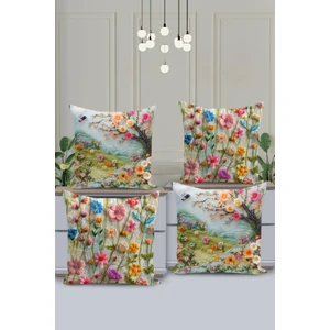 4'lü Kırlent Kılıf Seti Doğa Deseni Nakış Görünümlü Çift Taraflı Dijital Baskılı