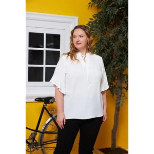 Yaka Bağcık Detaylı Büyük Beden Bluz Ekru