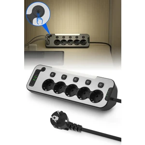 Bağımsız Anahtarlı 5'li Işıklı Akım Korumalı Çoklu Priz 4000W, 2x USB - 2x Type-C Giriş, Metal Ön Panel Uzatma Kablosu Köşe Beşli Priz, Topraklı, 2 Metre Kablo