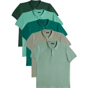 Erkek 5'li Paket Haki-Su Yeşili-Koyu Yeşil-Yeşil-Çağla Slim Fit Pamuklu Düz Pike Polo Yaka Tişört