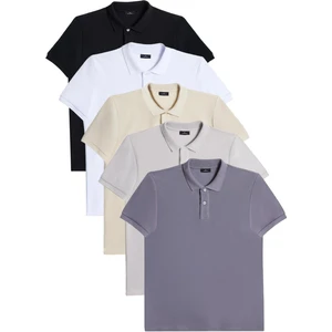 Erkek 5'li Paket Siyah-K.gri-Beyaz-Gri-Ekru Slim Fit Dar Kesim Pamuklu Düz Pike Polo Yaka Tişört