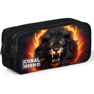 Coral High Siyah Aslan Desenli İki Bölmeli Kalem Çantası PVC Malzeme 1200 ml Kapasite