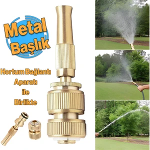 Metal Ayarlanabilir Sulama Başlığı Sarı Renk Hortum Bağlantı Aparatlı Sök Tak Bahçe Araba Yıkama