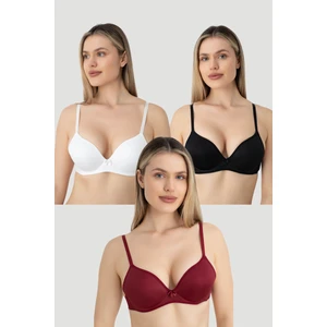 Kadın Dolgusuz Balenli 3 Adet Sütyen Bordo Beyaz Siyah