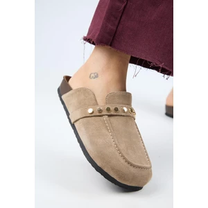 Bonita 2 Kadın  Deri Troklu Sabo Vizon Terlik