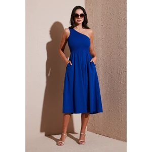 Regular Fit Tek Omuz Belden Açılan Gipeli Midi Boy Elbise Bayan Elbise 67810248