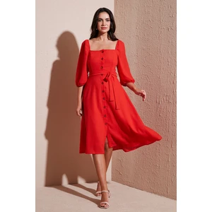 Regular Fit Kare Yaka Düğmeli Midi Boy Elbise Bayan Elbise 67810197