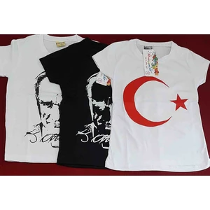 Atatürk ve Türk Bayrağı Baskılı Kız ve Erkek Çocuk T-Shirt 3'lü Paket
