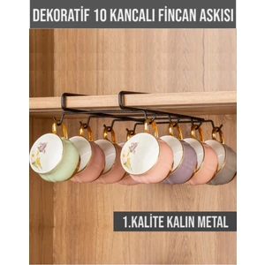 Dekoratif Siyah Raf Altı Asılabilir 10 Kancalı Fincan/ Kupa Bardak Düzenleyici Askılığı-Düzenleyici
