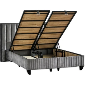 Niron Yatak Hades Lüks Baza ve Başlık Seti 160X200 cm Çift Kişilik Baza ve Başlık Takımı Koyu Gri Özel Kumaş