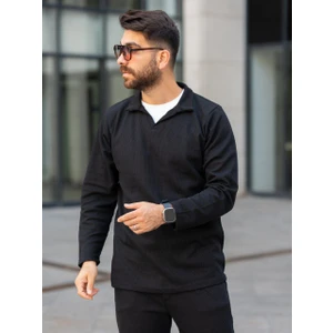 Man Forces Erkek Polo Yaka Uzun Kollu T-Shirt – Waffle Kumaş,  Pamuk, Regular Fit, Günlük ve Spor Kullanım, Siyah (S-M-L-Xl-Xxl)"